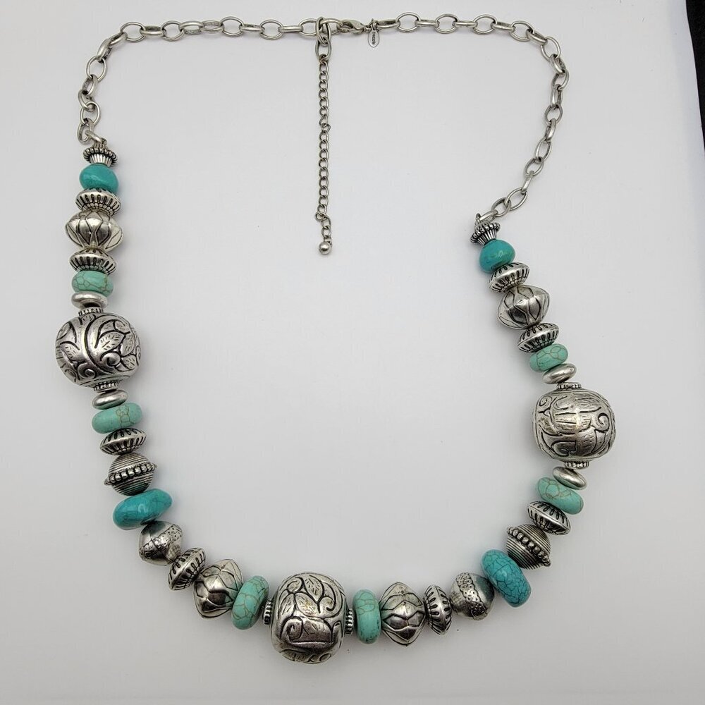 Chico's Silver And Blue Beaded Necklace Chunky Runway Statement 44 Inch Adj.